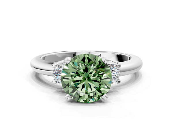 White gold Three-Stone Fancy Green Round  Cut Diamond Solitaire with Prong Setting and Classic Band