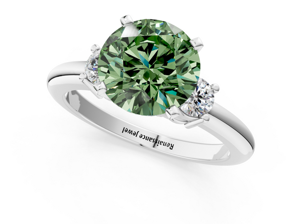White gold Three-Stone Fancy Green Round  Cut Diamond Solitaire with Prong Setting and Classic Band