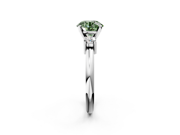 White gold Three-Stone Fancy Green Round  Cut Diamond Solitaire with Prong Setting and Classic Band