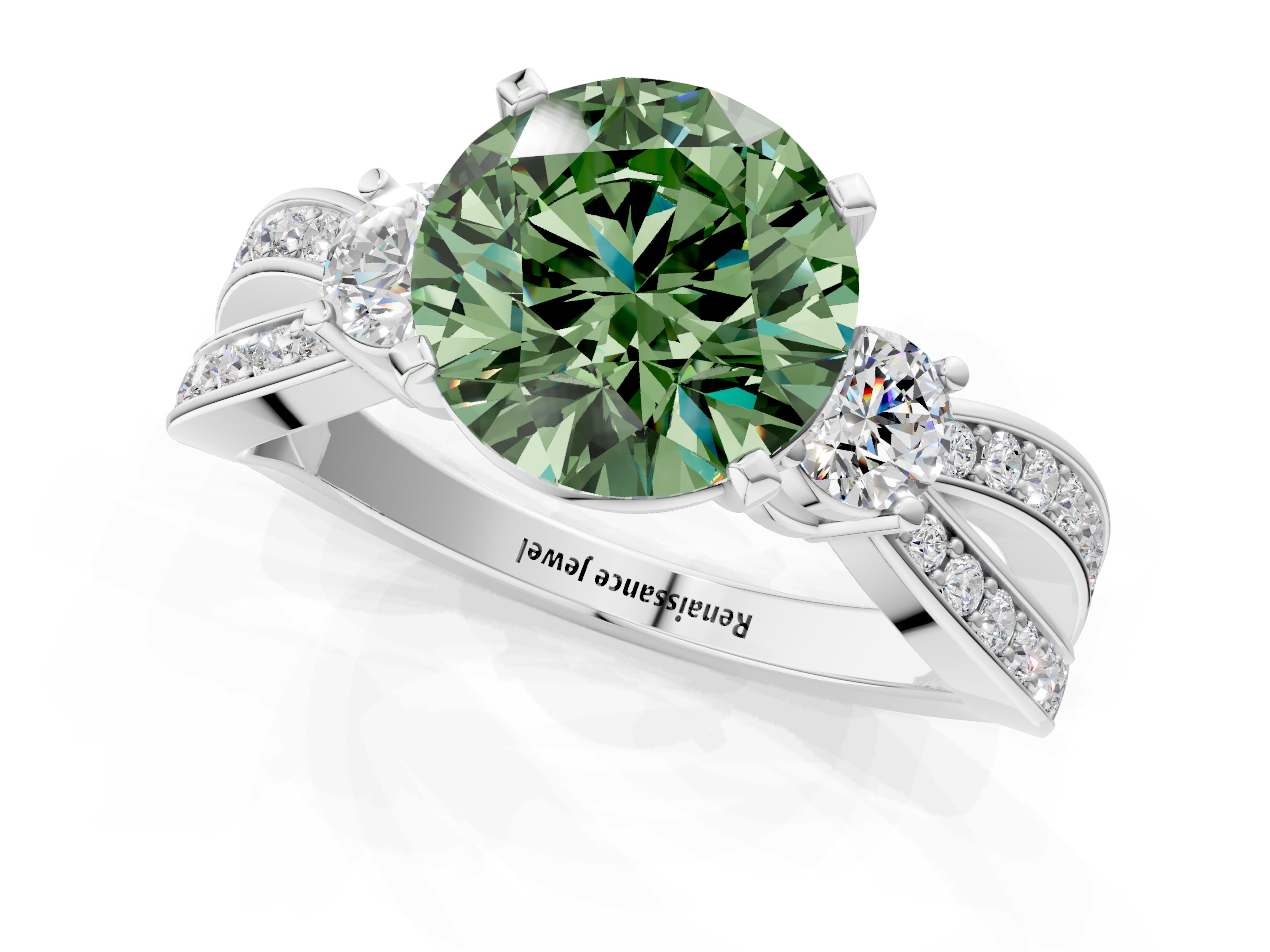 White gold Three-Stone Fancy Green Round  Cut Diamond Twist Band with Prong Setting_76