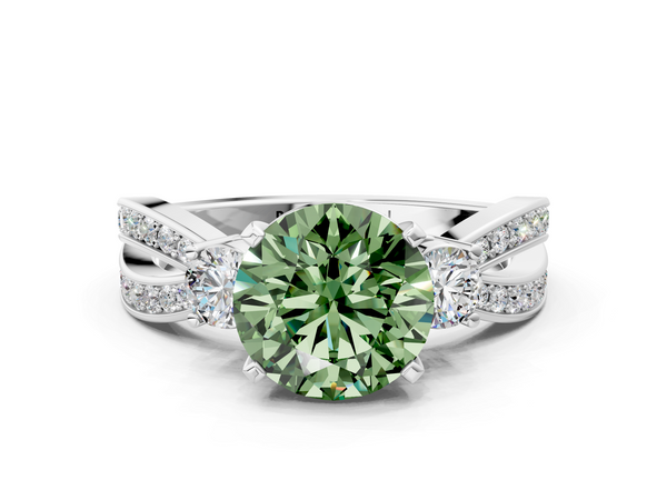 Platinum Three-Stone Fancy Green Round  Cut Diamond Twist Band with Prong Setting