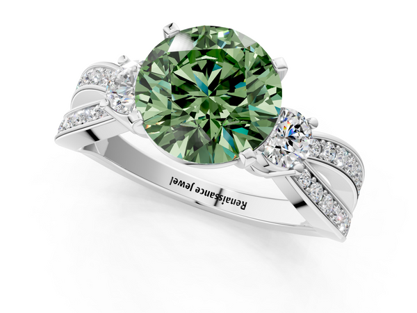 Platinum Three-Stone Fancy Green Round  Cut Diamond Twist Band with Prong Setting