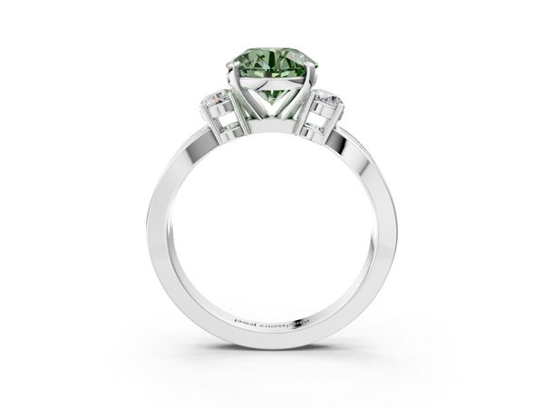 Platinum Three-Stone Fancy Green Round  Cut Diamond Twist Band with Prong Setting