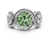 White gold Three-Stone Fancy Green Round Cut Diamond Wave Pave Band with Prong Setting_36
