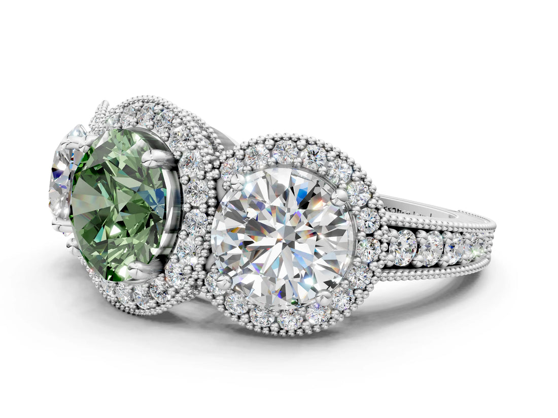 White gold Three-Stone Fancy Green Round Cut Halo Diamond Milgrain Band with Four-Prong Setting