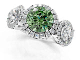 White gold Three-Stone Fancy Green Round Cut Halo Diamond Ring with Pave Band and Four-Prong Setting_1