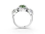 White gold Three-Stone Fancy Green Round Cut Halo Diamond Ring with Pave Band and Four-Prong Setting_3