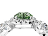 White gold Three-Stone Fancy Green Round Cut Halo Diamond Ring with Pave Band and Four-Prong Setting_4
