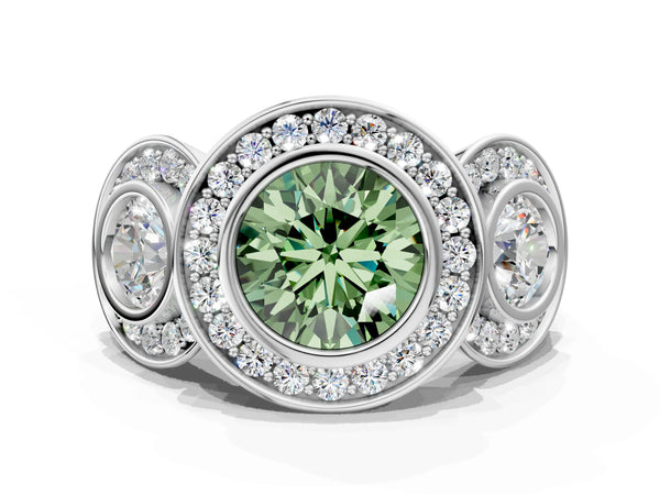 Platinum Round Bezel Three Stone Halo Engagement Ring Setting for Fancy Green Center