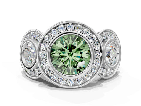 White gold Three-Stone Fancy Green Round Cut Halo Pavé Diamond Ring