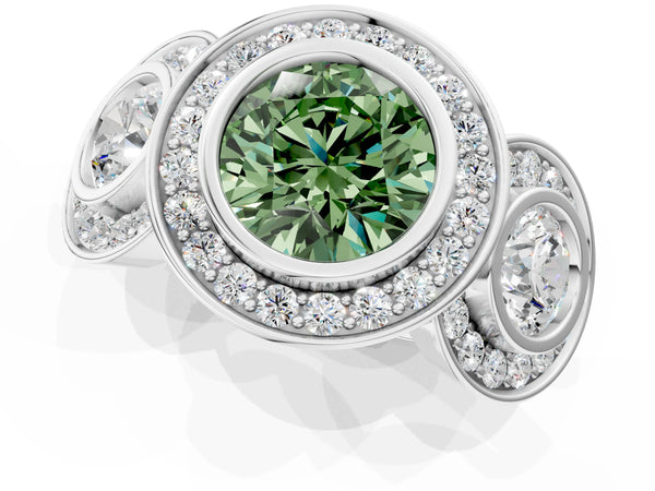 Platinum Round Bezel Three Stone Halo Engagement Ring Setting for Fancy Green Center