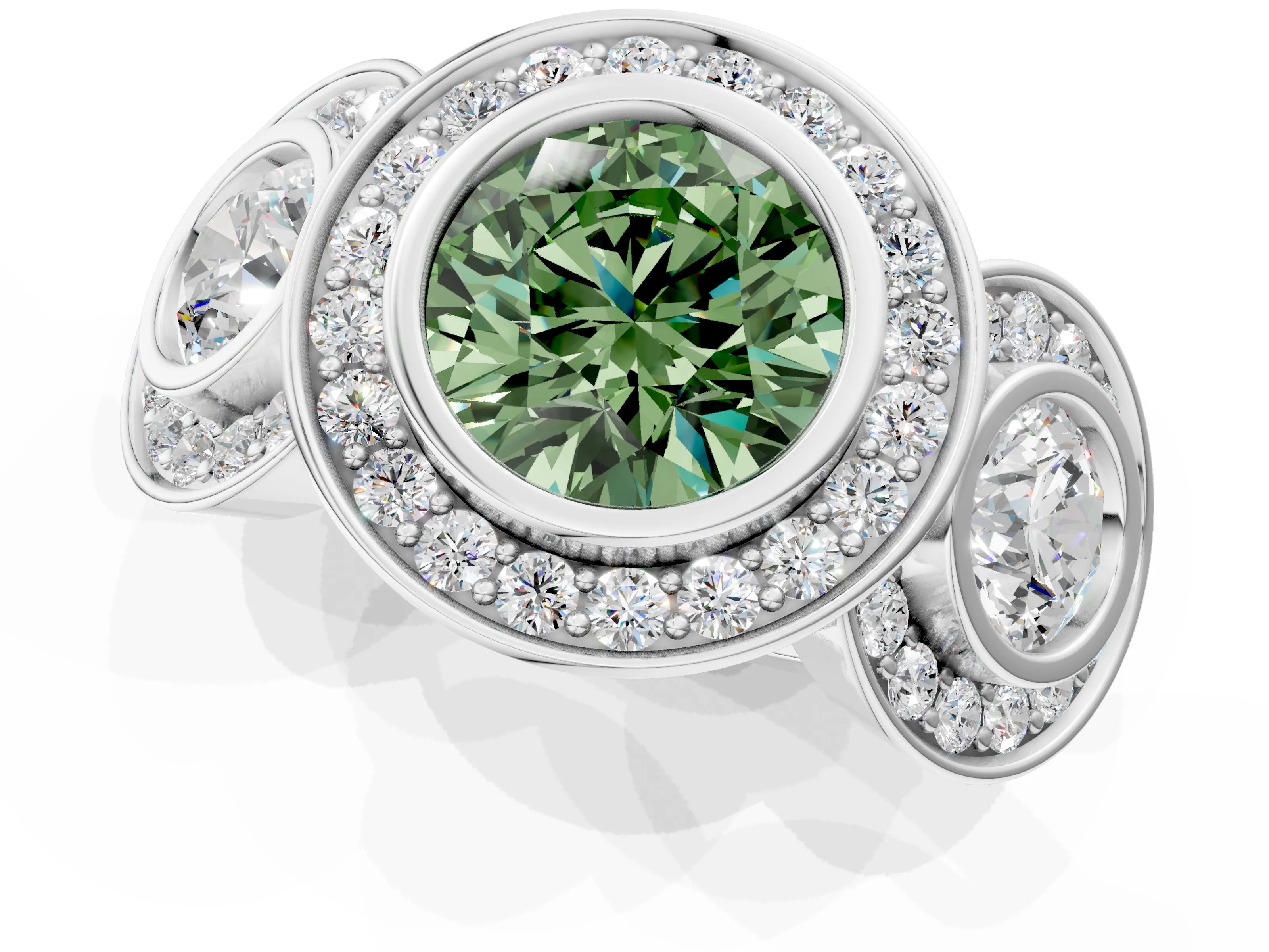 White gold Three-Stone Fancy Green Round Cut Halo Pavé Diamond Ring_1