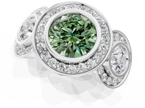 White gold Three-Stone Fancy Green Round Cut Halo Pavé Diamond Ring_1