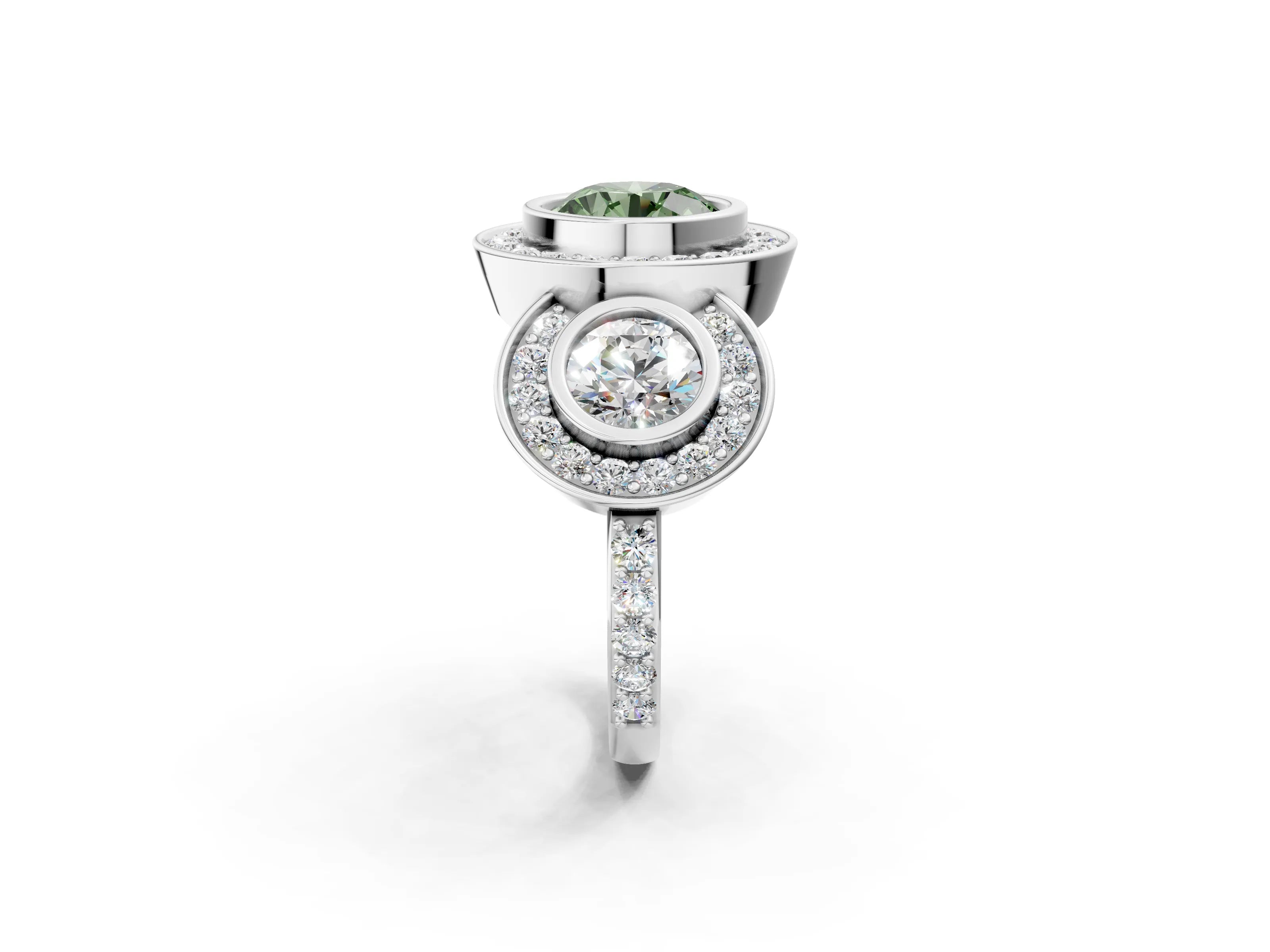 White gold Three-Stone Fancy Green Round Cut Halo Pavé Diamond Ring_2