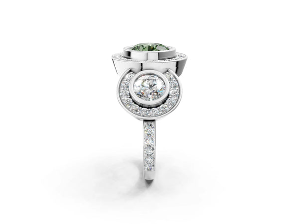 Platinum Round Bezel Three Stone Halo Engagement Ring Setting for Fancy Green Center