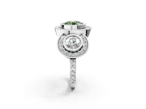 White gold Three-Stone Fancy Green Round Cut Halo Pavé Diamond Ring_2