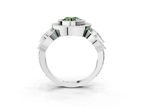 White gold Three-Stone Fancy Green Round Cut Halo Pavé Diamond Ring_3