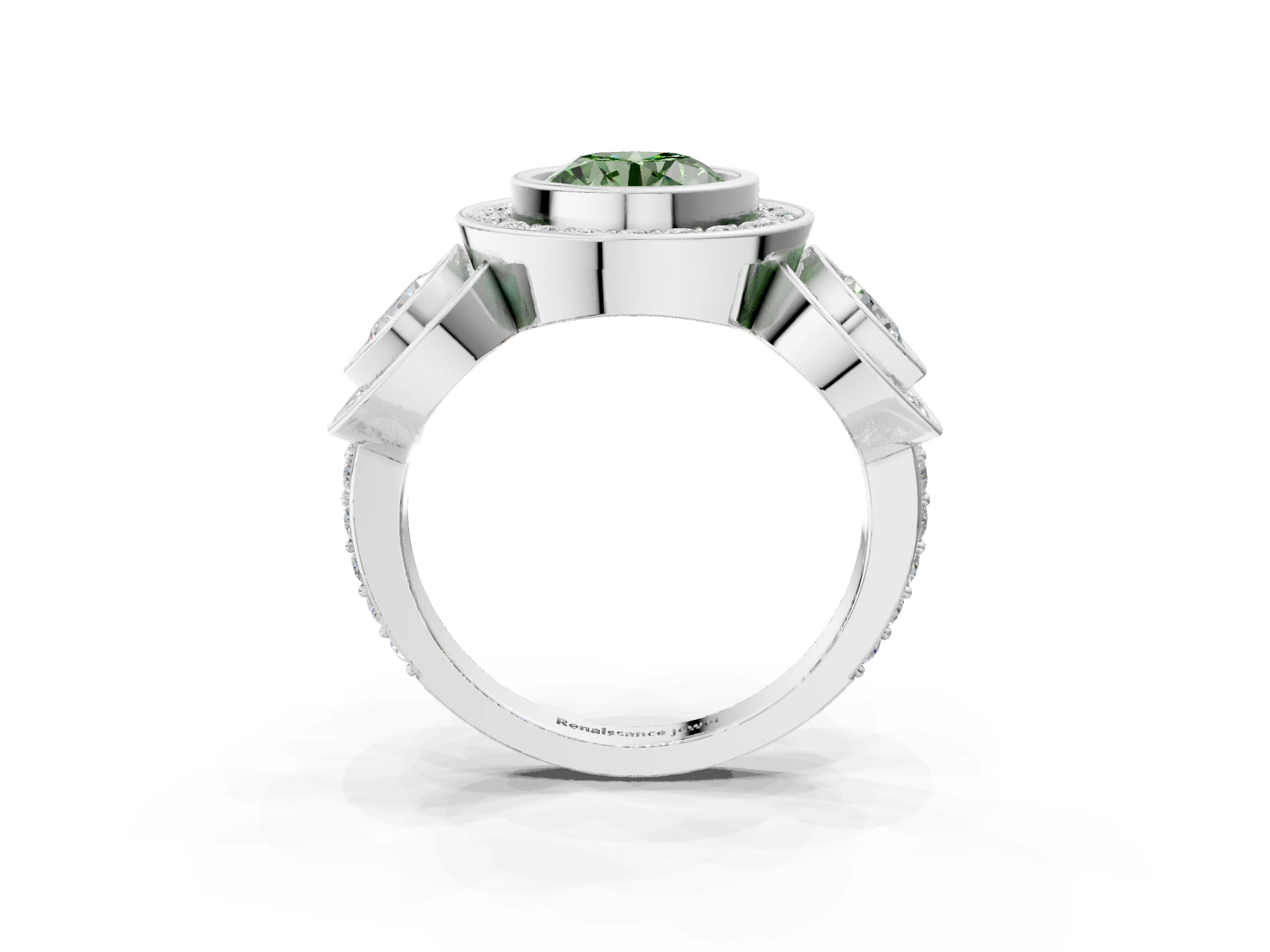 White gold Three-Stone Fancy Green Round Cut Halo Pavé Diamond Ring_3
