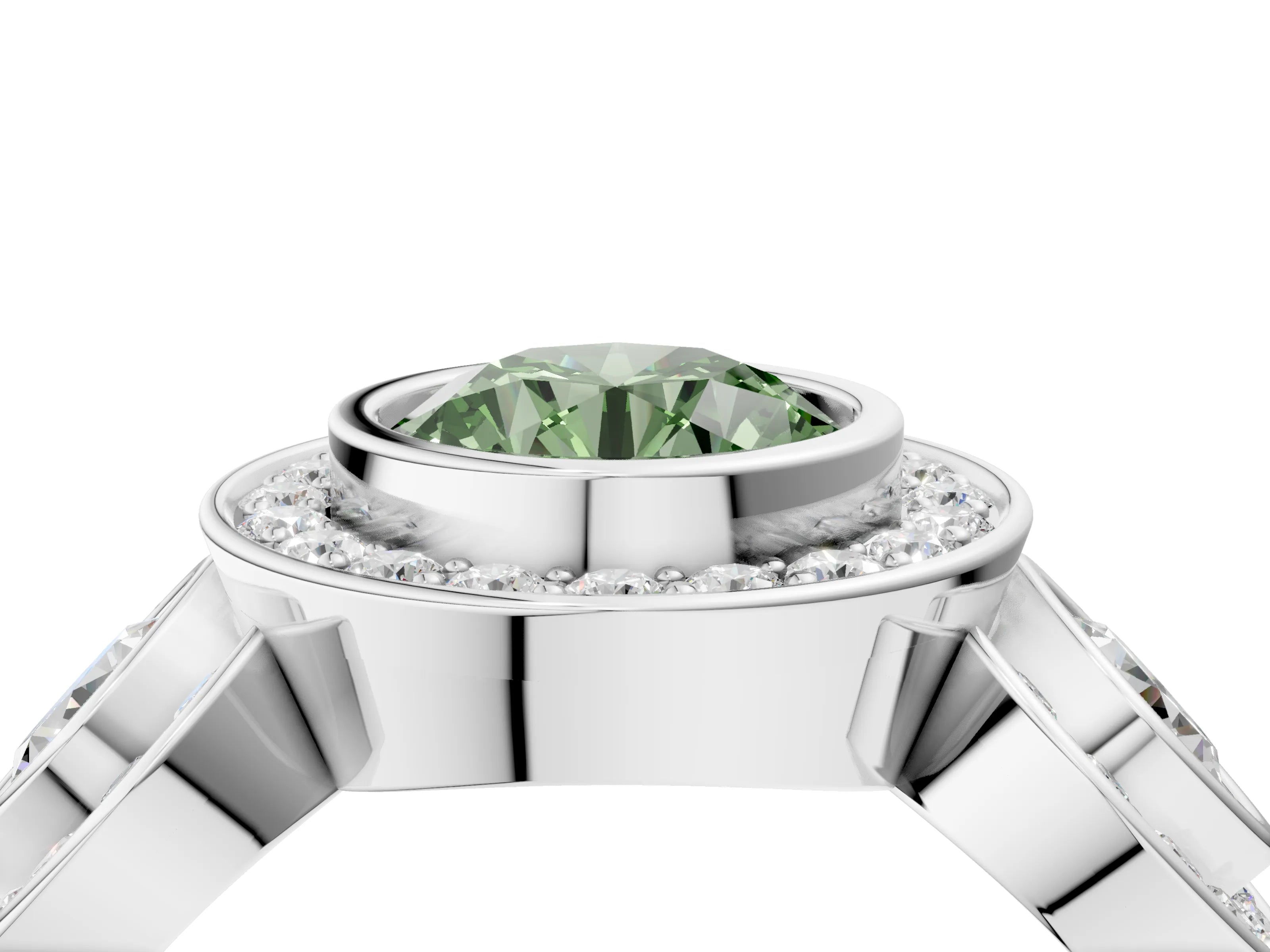 White gold Three-Stone Fancy Green Round Cut Halo Pavé Diamond Ring_4