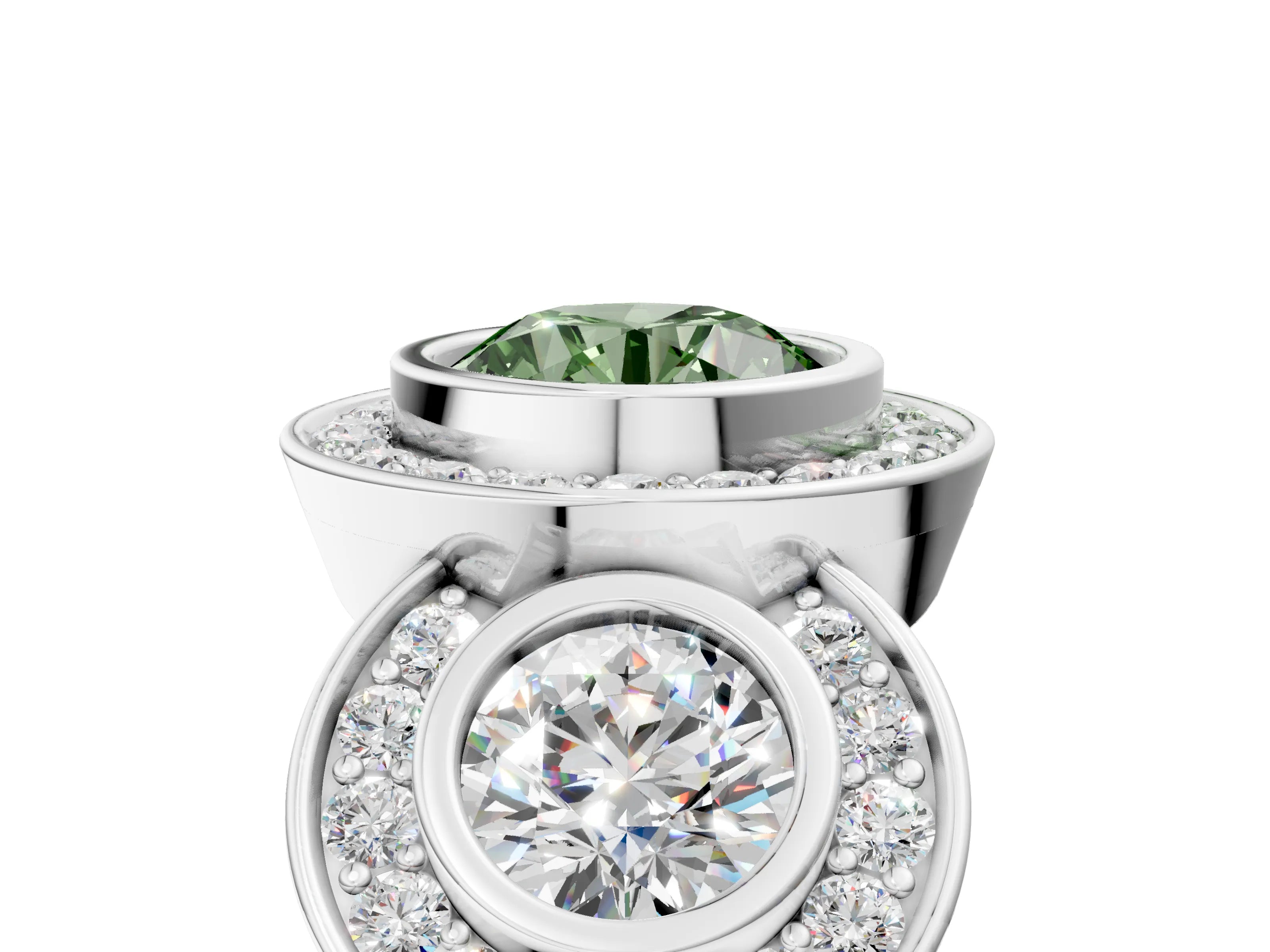 White gold Three-Stone Fancy Green Round Cut Halo Pavé Diamond Ring_5