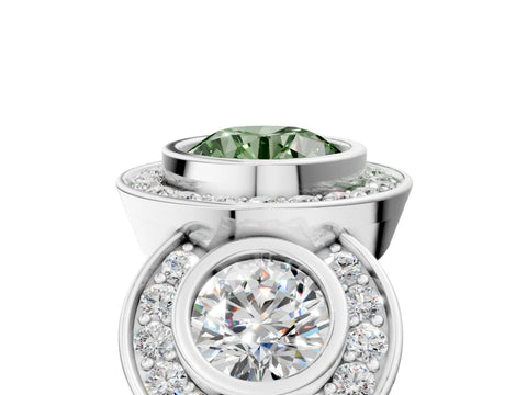 White gold Three-Stone Fancy Green Round Cut Halo Pavé Diamond Ring_5