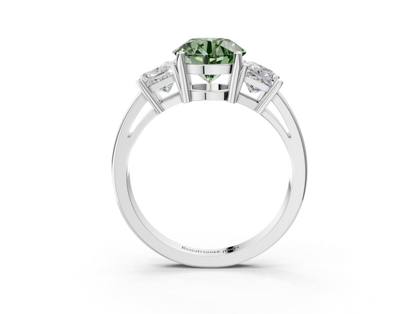 Platinum Three-Stone Fancy Green Round  Cut Solitaire Ring with Prong Setting