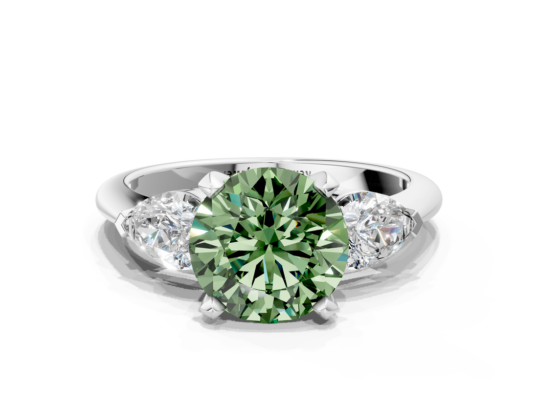 White gold Three-Stone Fancy Green Round  Diamond Ring with Pear Side Stones in Four-Prong Setting_84