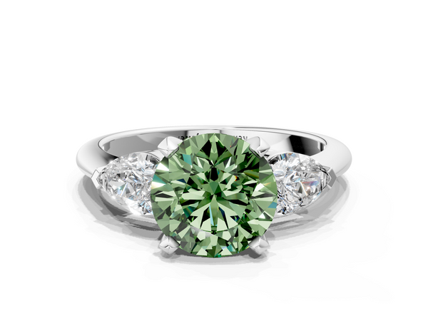 White gold Three-Stone Fancy Green Round Cut Diamond Ring with Pear Side Stones and Four-Prong Setting