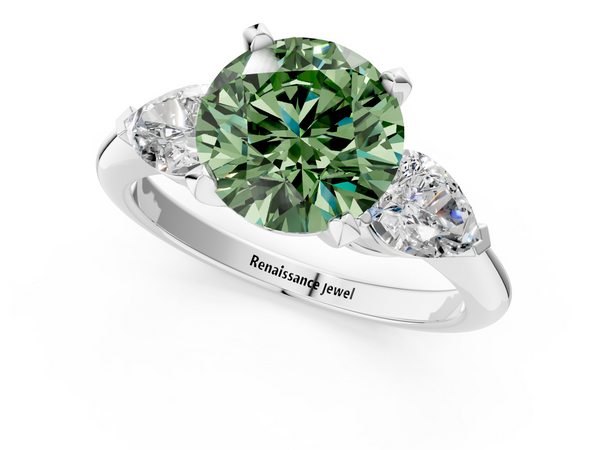 White gold Three-Stone Fancy Green Round Cut Diamond Ring with Pear Side Stones and Four-Prong Setting