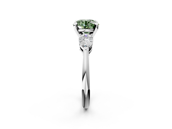 White gold Three-Stone Fancy Green Round Cut Diamond Ring with Pear Side Stones and Four-Prong Setting