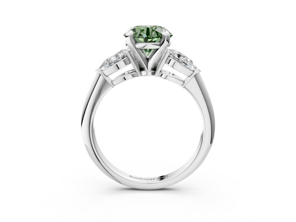 White gold Three-Stone Fancy Green Round Cut Diamond Ring with Pear Side Stones and Four-Prong Setting