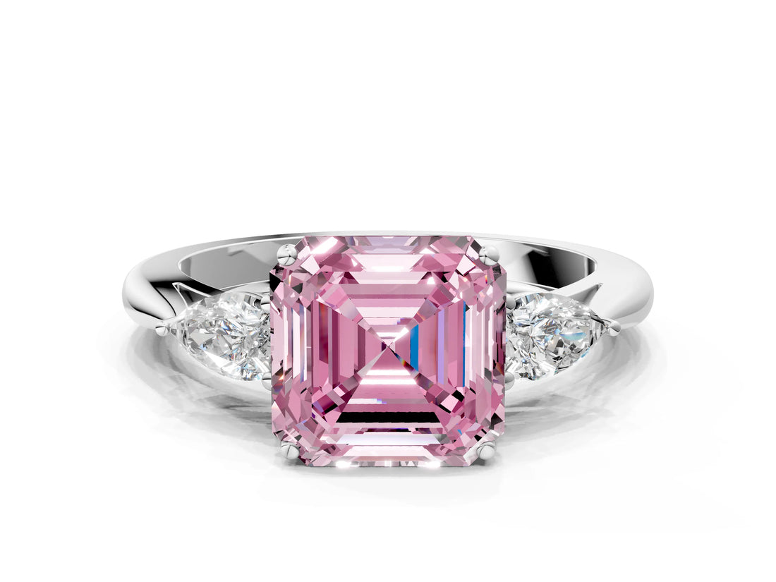 White gold Three-Stone Fancy Pink Asscher Cut Brilliant Diamond Solitaire Ring with Tapered Band and Four-Prong Setting_38