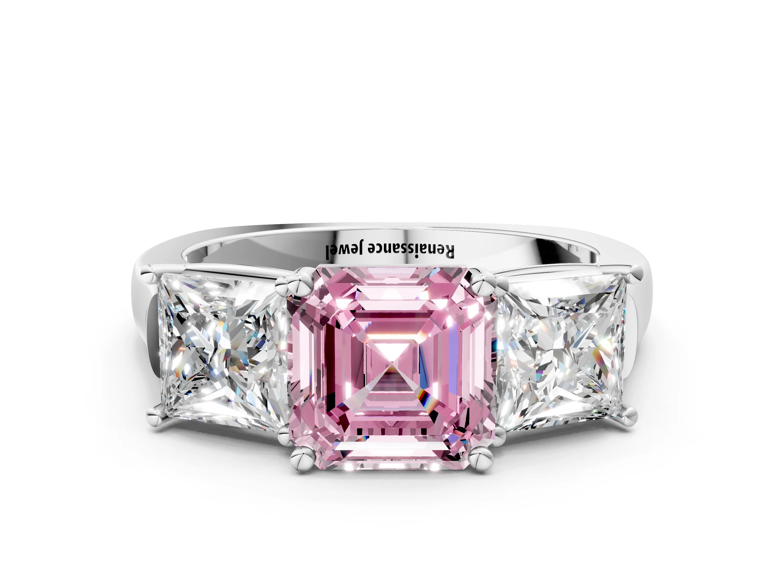 White gold Three-Stone Fancy Pink Asscher Cut Brilliant Diamond Trellis Ring with Comfort Fit Band_12