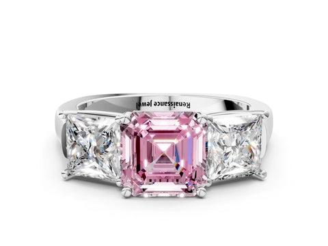White gold Three-Stone Fancy Pink Asscher Cut Brilliant Diamond Trellis Ring with Comfort Fit Band_12