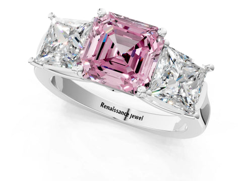 White gold Three-Stone Fancy Pink Asscher Cut Brilliant Diamond Trellis Ring with Comfort Fit Band_13