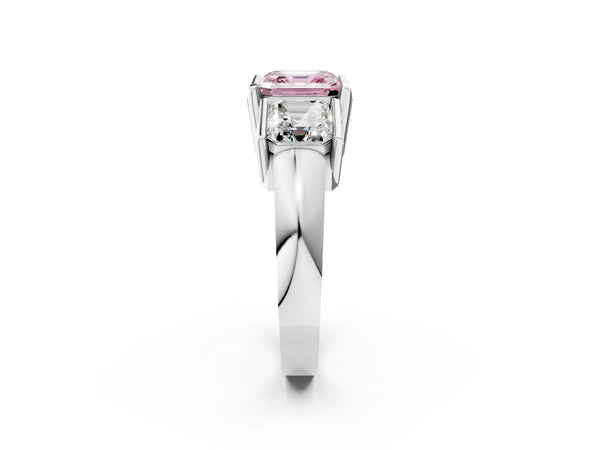 White Gold Asscher Cut Channel Set Three Stone Engagement Ring Setting for Fancy Pink Center
