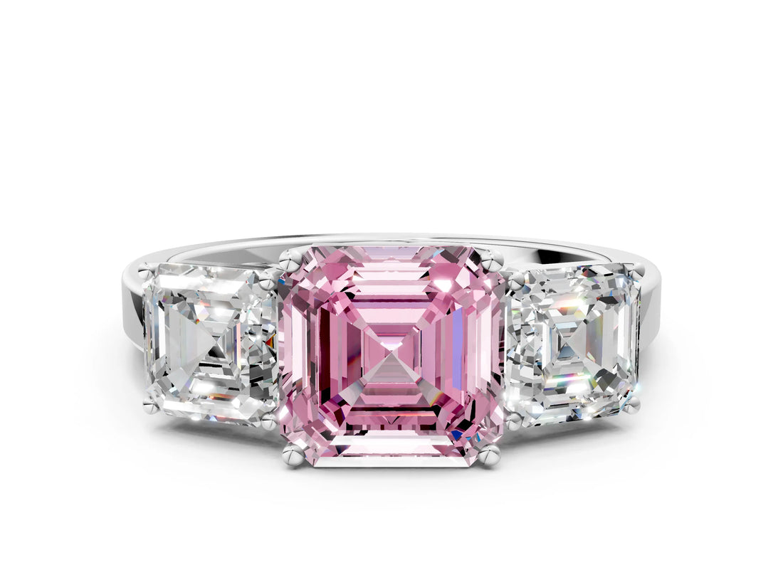 White gold Three-Stone Fancy Pink Asscher Cut Cut Diamond Engagement Ring with Flat Band and Four-Prong Setting_12