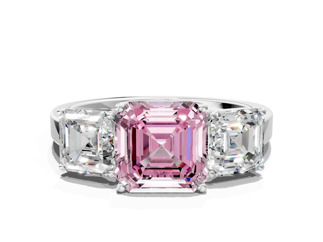 White gold Three-Stone Fancy Pink Asscher Cut Cut Diamond Engagement Ring with Flat Band and Four-Prong Setting_12