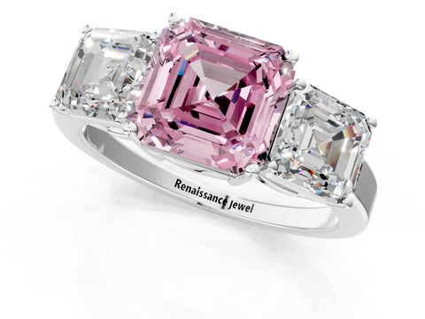 White gold Three-Stone Fancy Pink Asscher Cut Cut Diamond Engagement Ring with Flat Band and Four-Prong Setting_13