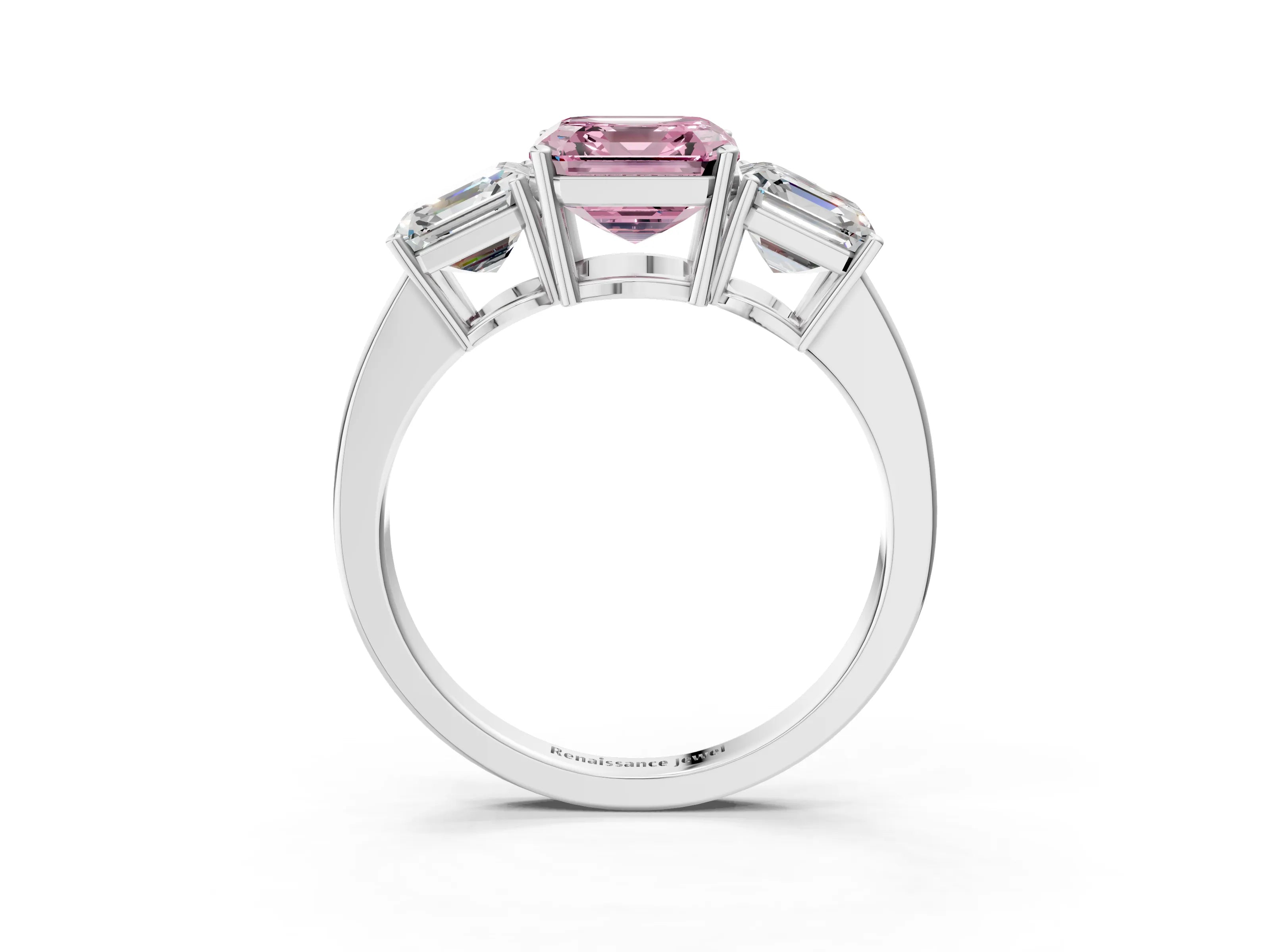 White gold Three-Stone Fancy Pink Asscher Cut Cut Diamond Engagement Ring with Flat Band and Four-Prong Setting_15