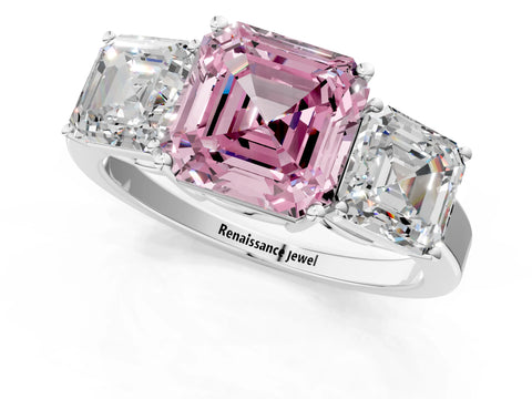 White gold Three-Stone Fancy Pink Asscher Cut Cut Diamond Engagement Ring with Flat Band and Four-Prong Setting_1