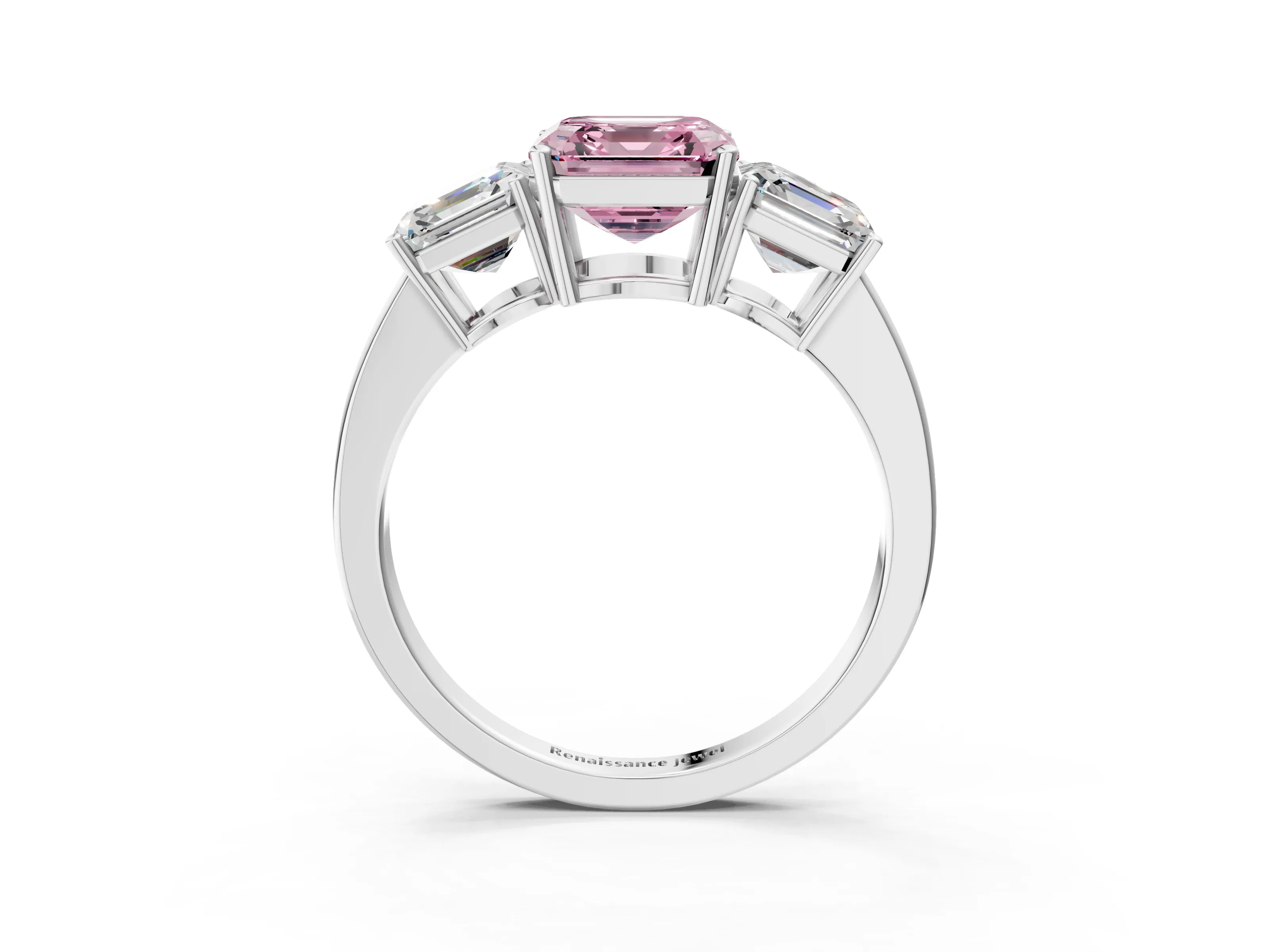 White gold Three-Stone Fancy Pink Asscher Cut Cut Diamond Engagement Ring with Flat Band and Four-Prong Setting_3