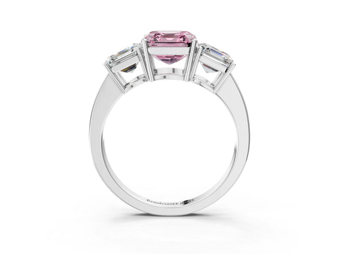 White gold Three-Stone Fancy Pink Asscher Cut Cut Diamond Engagement Ring with Flat Band and Four-Prong Setting_3