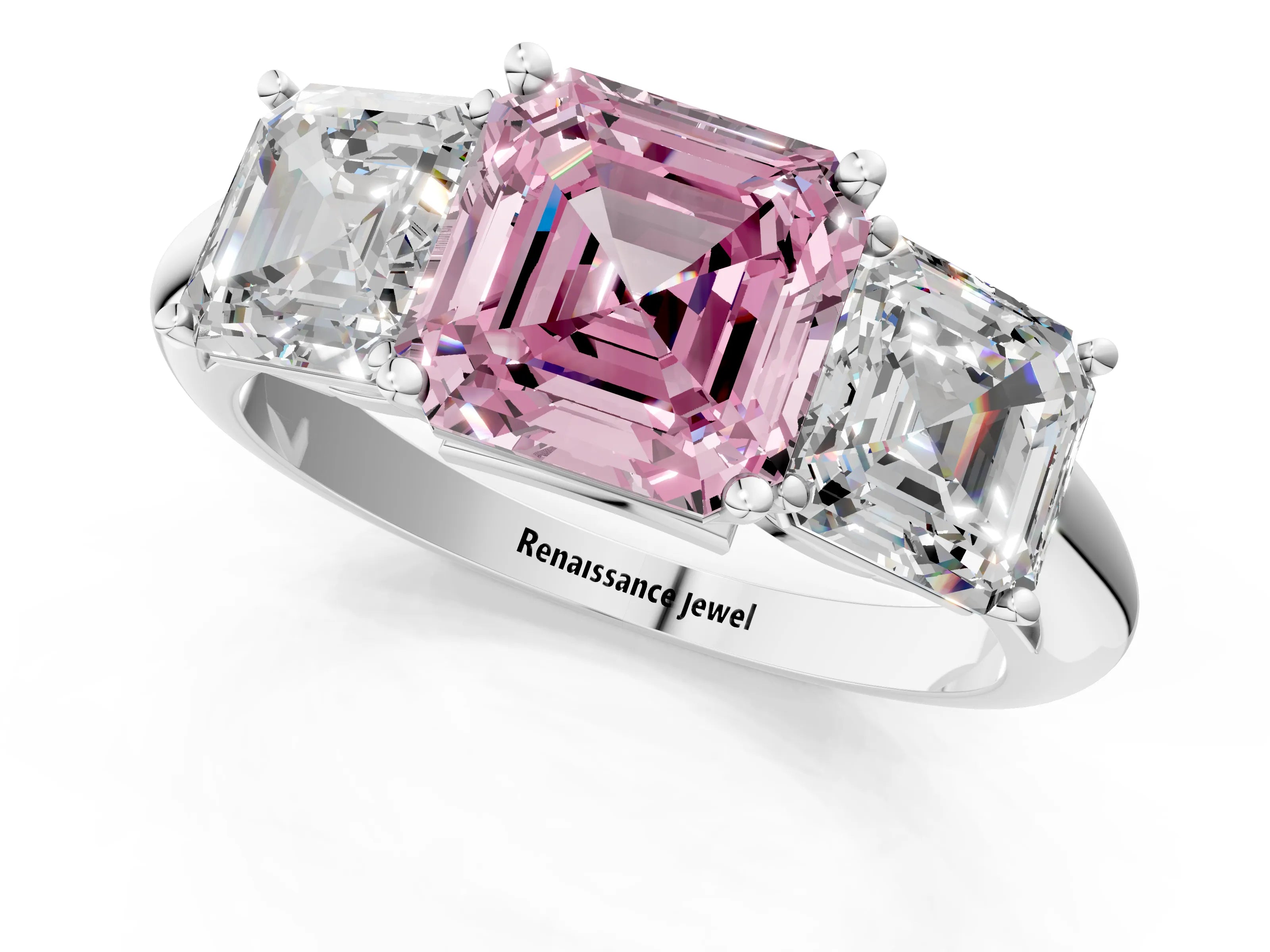 White gold Three-Stone Fancy Pink Asscher Cut Cut Diamond Engagement Ring with Prong Setting on a White Gold Band_13