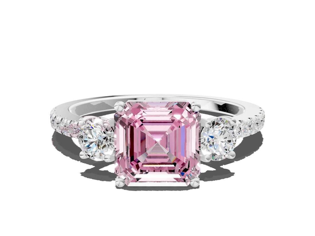 White gold Three-Stone Fancy Pink Asscher Cut Cut Diamond Pavé Band with Prong Setting_39