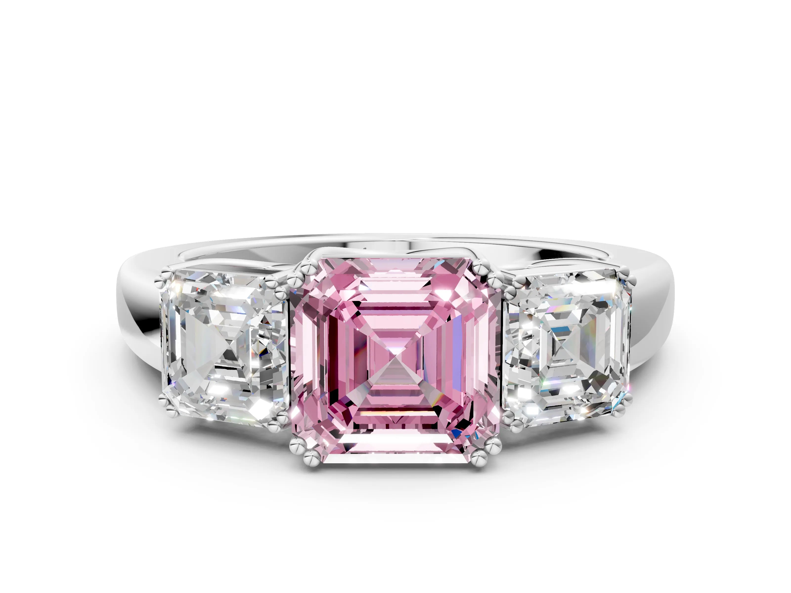 White gold Three-Stone Fancy Pink Asscher Cut Cut Diamond Ring with Channel Set Band and Four-Prong Setting