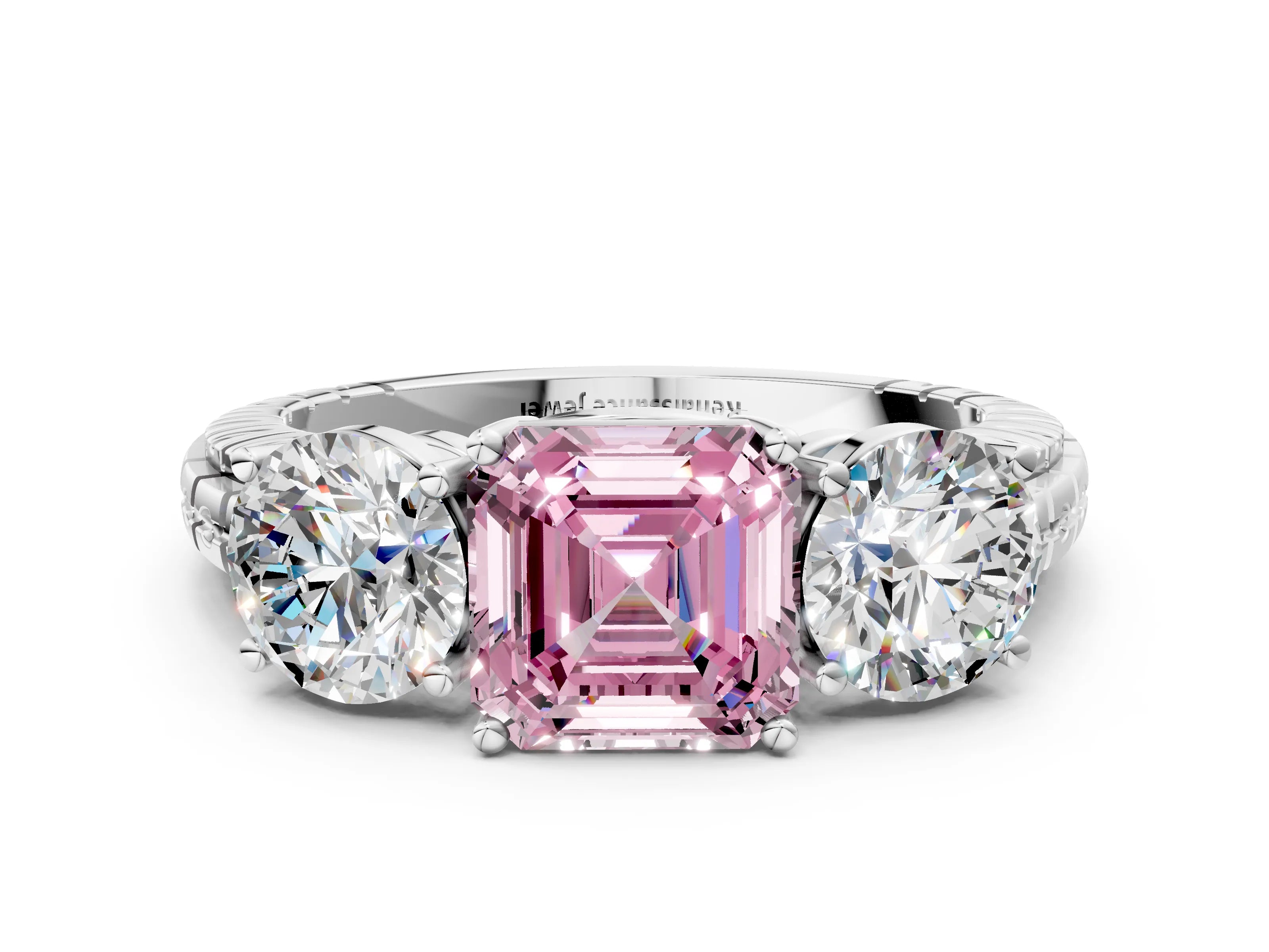 White gold Three-Stone Fancy Pink Asscher Cut Cut Diamond Ring with Channel-Set Band and Prong Setting