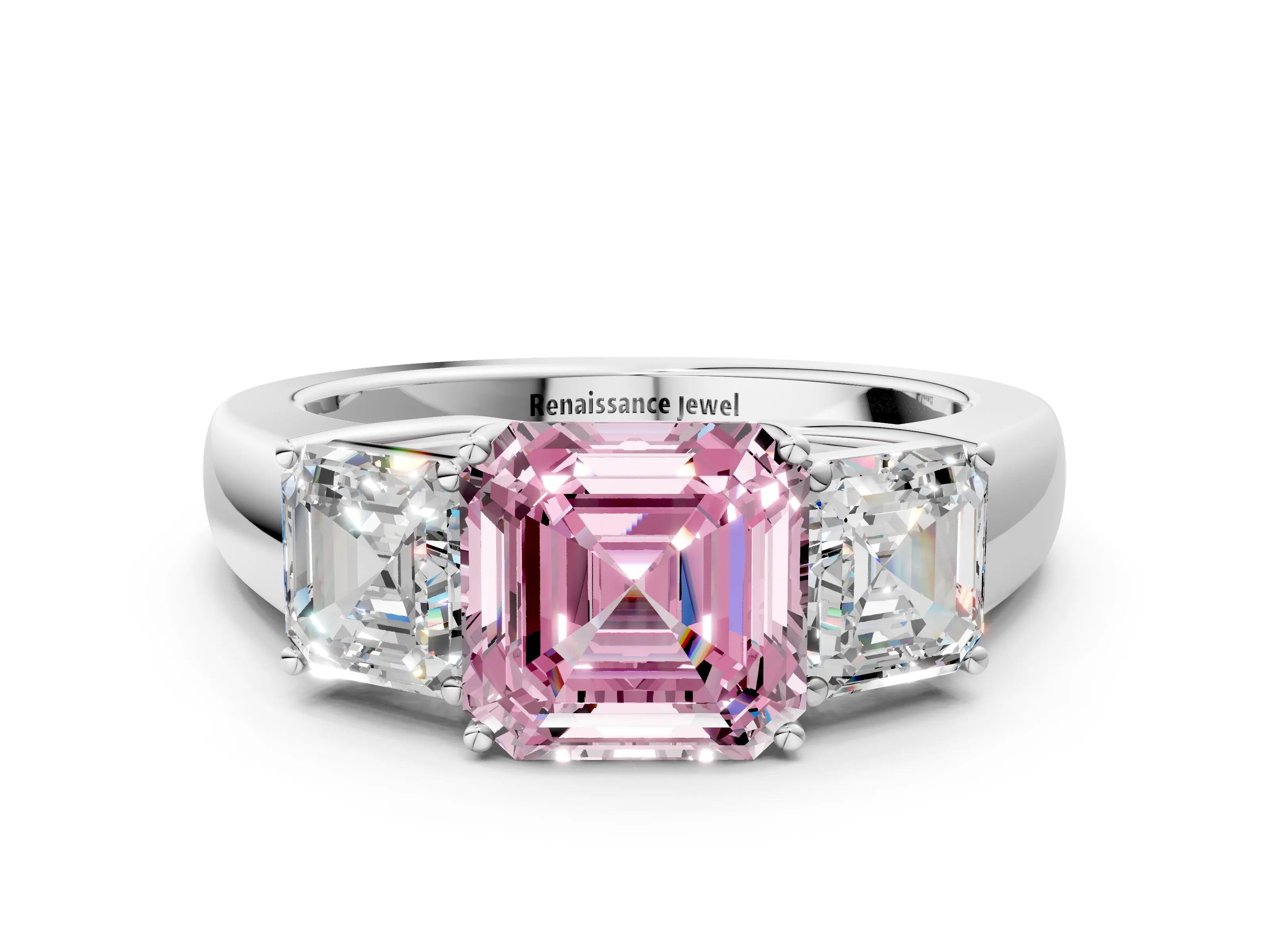 White gold Three-Stone Fancy Pink Asscher Cut Cut Diamond Ring with Prong Setting and Classic Band