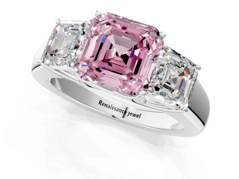 White gold Three-Stone Fancy Pink Asscher Cut Cut Diamond Ring with Prong Setting and Classic Band_1