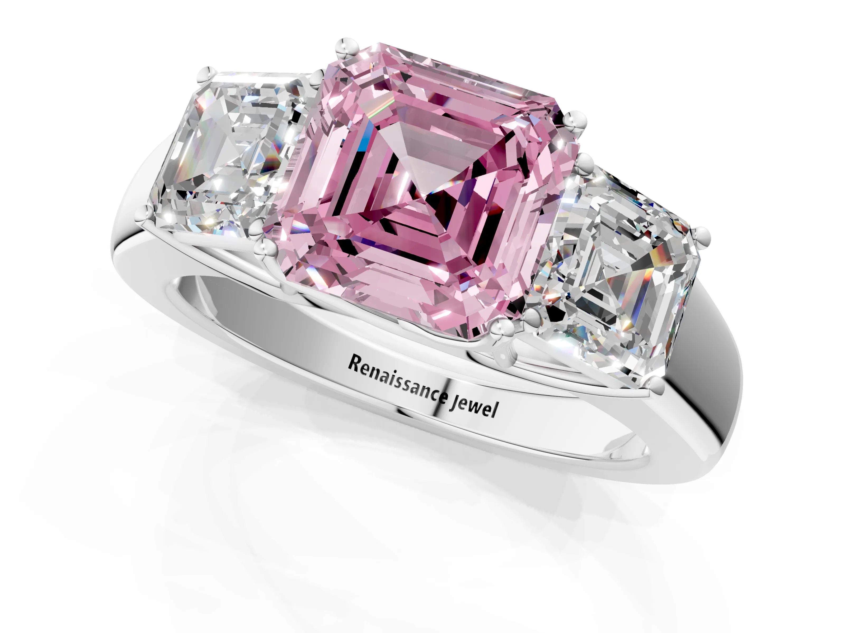 White gold Three-Stone Fancy Pink Asscher Cut Cut Diamond Ring with Prong Setting and Classic Band_1
